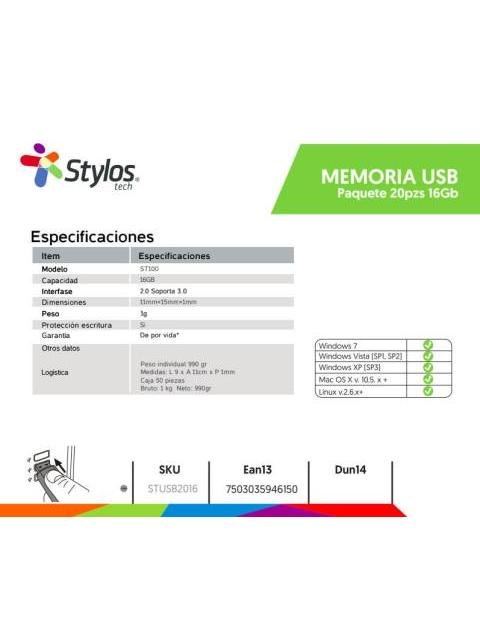 MEMORIA USB STYLOS ST100 16GB USB 2.0 PLATA 20 PIEZAS - Image 9