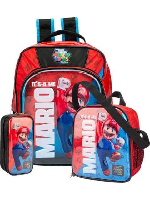 MOCHILA LAPICERA Y LONCHER KIT ESCOLAR NEGRO SUPER MARIO BROS