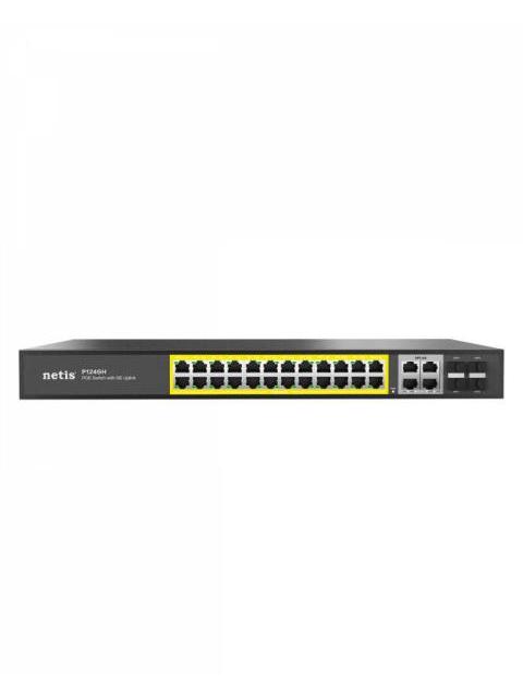 SWITCH NETIS GIGABIT ETHERNET P124GH 24 PUERTOS POE 10-100-1000MBPS + 2 PUERTO UPLINK + 2 PUERTOS SFP 320W 12.8 GBIT-S 16000 ENTRADAS - NO ADMINISTRABLE