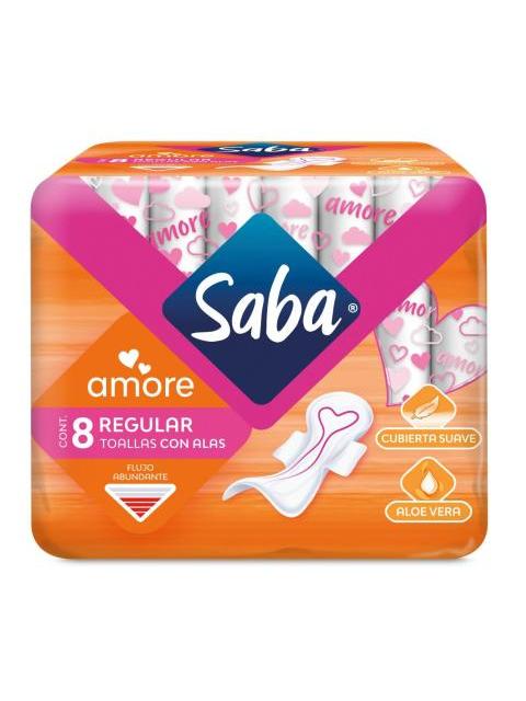TOALLA FEMENINA SABA AMORE CON ALAS PAQUETE CON 8 PIEZAS
