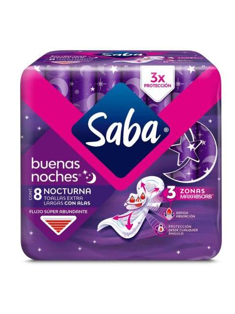 TOALLA FEMENINA SABA BUENAS NOCHES EXTRA LARGA CON ALAS PAQUETE CON 8 PIEZAS