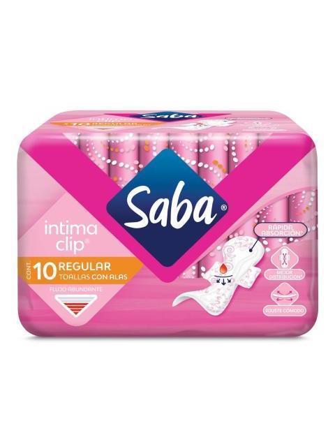 TOALLA FEMENINA SABA CLIP REGULAR CON ALAS PAQUETE CON 10 PIEZAS