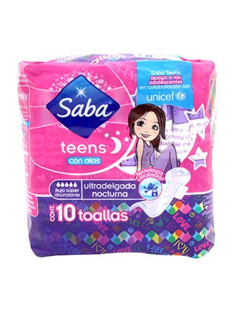 TOALLA FEMENINA SABA TEENS NOCTURNA CON ALAS PAQUETE CON 10 PIEZAS