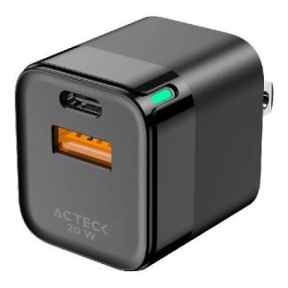 ACTECK CARGADOR DE PARED ENERGON PRIME 20W 1X USB-A-1X USB-C NEGRO