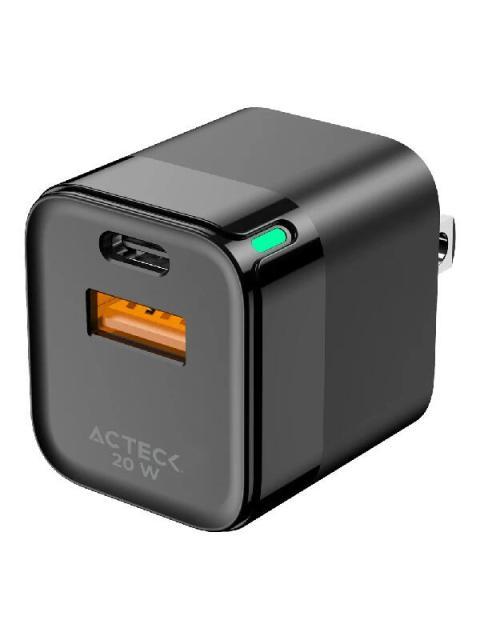 ACTECK CARGADOR DE PARED ENERGON PRIME 20W 1X USB-A-1X USB-C NEGRO