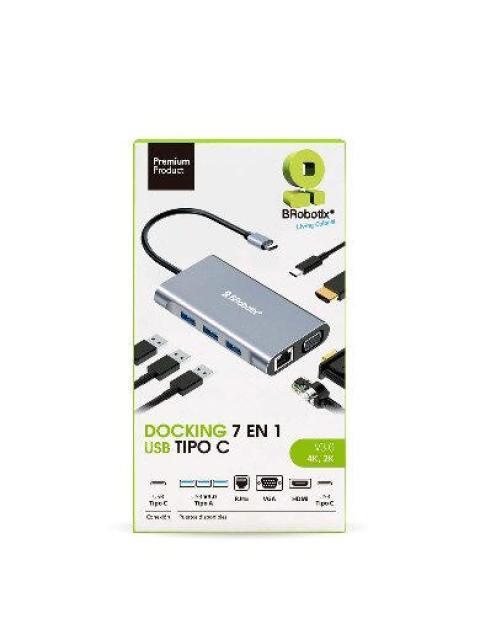 BROBOTIX DOCKING STATION 7 EN 1 6001202 USB C 3X USB 3.01X HDMI 1X VGA 1X RJ-45 PLATA