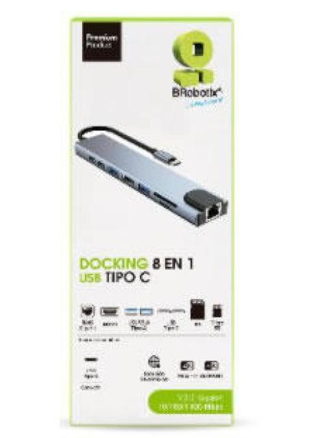 BROBOTIX DOCKING STATION 8 EN 1 USB C 2X USB 3.0 1X SD 1X MICRO SD 1X HDMI 1X RJ-45 2X USB C PLATA