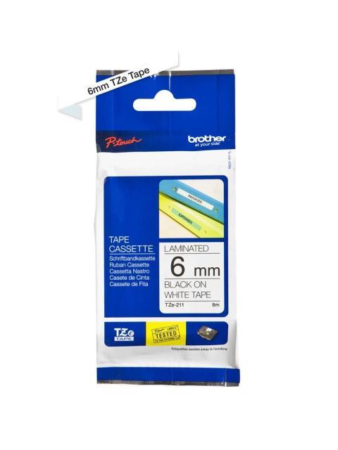 CINTA BROTHER TZE211 NEGRO EN BLANCO 6MM X 8M