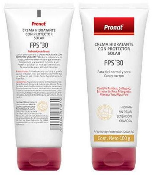 CREMA HIDRATANTE CON PROTECTOR SOLAR FPS 30 100 GR PARA PIEL NORM PRONAT