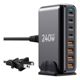 ESTACION DE CARGA RAPIDA USB Y USB C 8 PUERTOS MULTIPUERTO NEGRO 240W GAN III