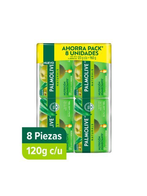 JABON DE TOCADOR PALMOLIVE NATURALS ALOE Y OLIVA BARRA 120 G 8 PZAS