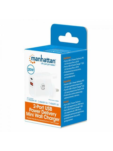 MANHATTAN CARGADOR DE PARED 20W 1X USB 3.0 1X USB C BLANCO