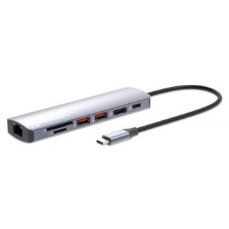 MANHATTAN HUB USB-C MACHO - 2X USB-A 1X USB-C 1X HDMI 1X RJ-45 1X SD 1X MICRO SD GRIS