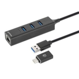 MANHATTAN HUB USB MACHO - 3 PUERTOS USB HEMBRA1X RJ-45 5000MBIT-S NEGRO