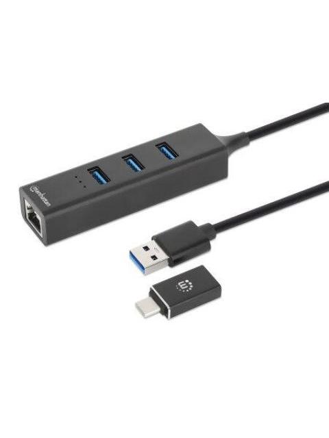 MANHATTAN HUB USB MACHO - 3 PUERTOS USB HEMBRA1X RJ-45 5000MBIT-S NEGRO