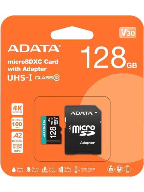 MICRO SECURE DIGITAL ADATA MICROSDXC-SDHC UHSI U3 V30 128GB CLASE 10 (A2) VELOCIDAD DE LECTURA - ESCRITURA 100-85 (MB-S)