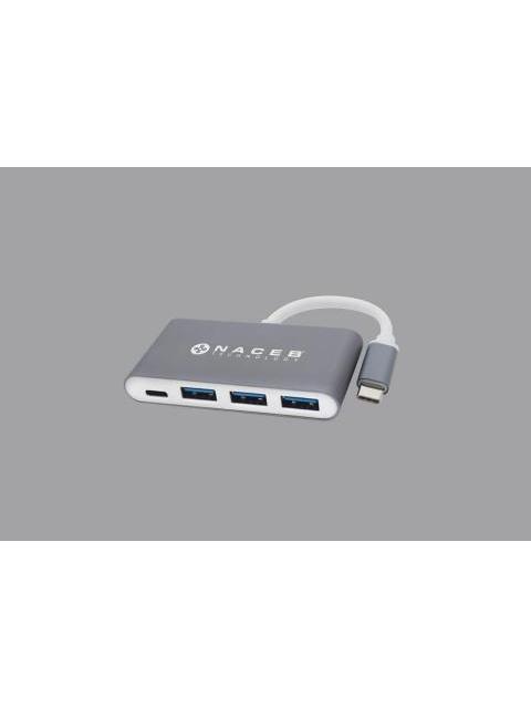 NACEB HUB USB-C MACHO - 3X USB-A HEMBRA 1X USB-C HEMBRA PLATA