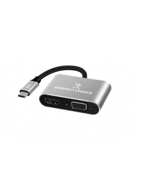 PERFECT CHOICE ADAPTADOR USB C MACHO - HDM1-VGA HEMBRA PLATA-NEGRO