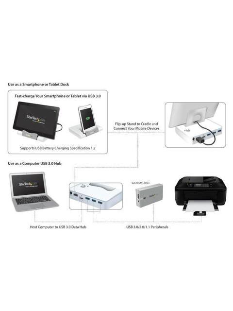STARTECH  CONCENTRADOR USB 3.0 DE 3 PUERTOS HUB CON PUERTO DE CARGA RAPIDA (2.1A) Y BASE PARA LAPTOPS-TABLETS BLANCO - Image 9