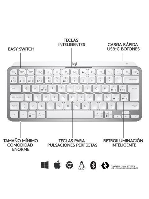 TECLADO LOGITECH MX KEYS MINI INALAMBRICO RF WIRELESS-BLUETOOTH BLANCO (ESPANOL) - Image 7