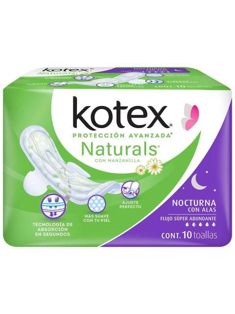 TOALLA FEMENINA KOTEX MANZANILLA NOCTURNA CON ALAS PAQUETE CON 10 PIEZAS
