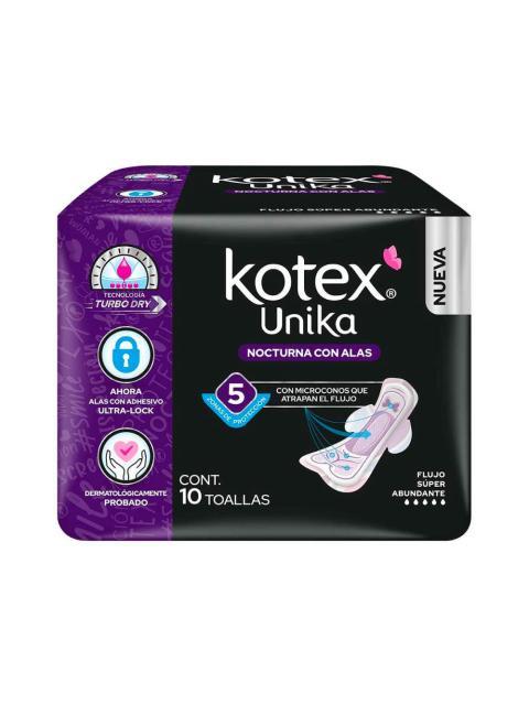 TOALLA FEMENINA KOTEX U UNIKA NOCTURNA CON ALAS PAQUETE CON 10 PIEZAS