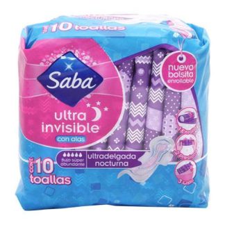 TOALLA FEMENINA SABA ULTRA NOCTURNA CON ALAS PAQUETE CON 10 PIEZAS