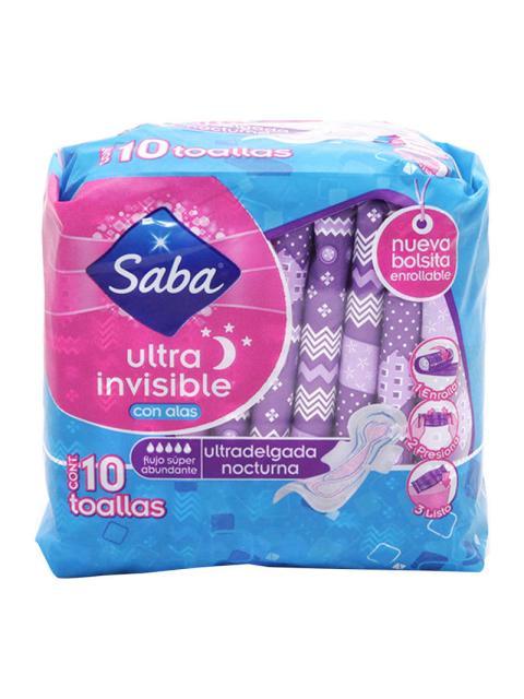 TOALLA FEMENINA SABA ULTRA NOCTURNA CON ALAS PAQUETE CON 10 PIEZAS