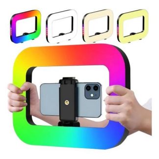 ARO DE LUZ LED RGB RECTANGULAR 28.5CM RECARGABLE CON SOPORTE NEGRO
