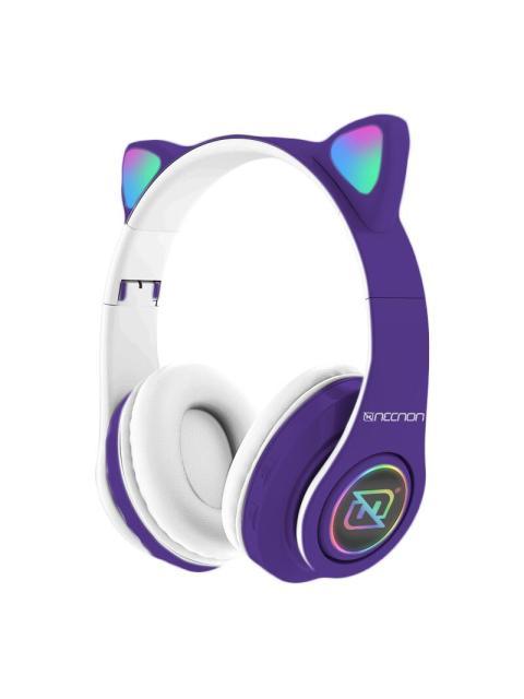 AUDIFONOS ONEAR BLUETOOTH NBH07 CON OREJAS LUZ RGB RADIO FM MICRO SD 3.5MML MANOS LIBRES MORADO - Imagen 2
