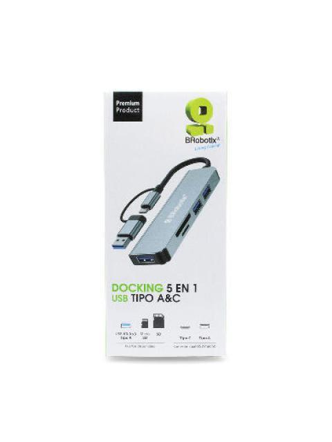 BROBOTIX DOCKING STATION 5 EN 1 USB 3.0-USB-C 3X USB 3.0 1X SD GRIS - Imagen 3
