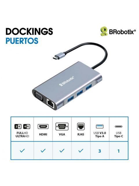 BROBOTIX DOCKING STATION 7 EN 1 6001202 USB C 3X USB 3.01X HDMI 1X VGA 1X RJ-45 PLATA - Imagen 5