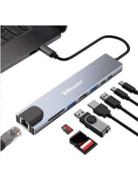 BROBOTIX DOCKING STATION 8 EN 1 USB C 2X USB 3.0 1X SD 1X MICRO SD 1X HDMI 1X RJ-45 2X USB C PLATA - Imagen 3