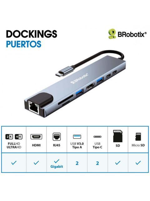 BROBOTIX DOCKING STATION 8 EN 1 USB C 2X USB 3.0 1X SD 1X MICRO SD 1X HDMI 1X RJ-45 2X USB C PLATA - Imagen 4