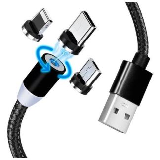 CABLE MAGNETICO DE CARGA RAPIDA 3 EN 1 SLIM COMPANY TIPO C MICRO USB CON CONECTORES MAGNETICOS INTERCAMBIABLES SMARTPHONES TABLETS Y DISPOSITIVOS ELECTRONICOS COLOR NEGRO