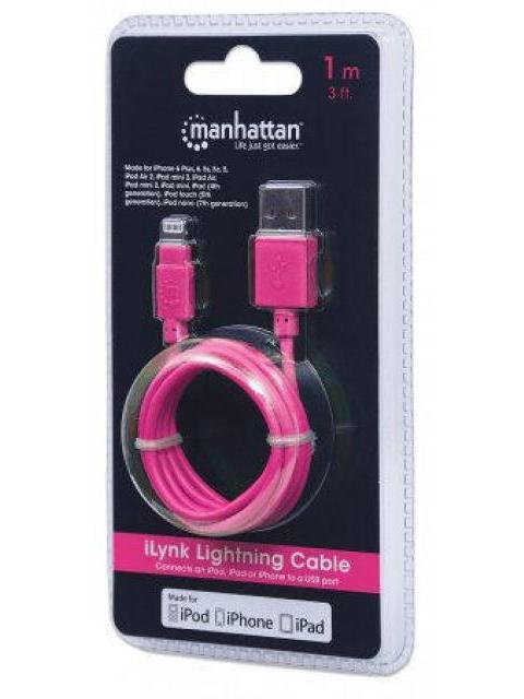 MANHATTAN CABLE DE CARGA ILYNK CERTIFICADO MFI LIGHTNING MACHO - USB A MACHO 1 METRO ROSA PARA IPOD-IPHONE-IPAD - Imagen 5