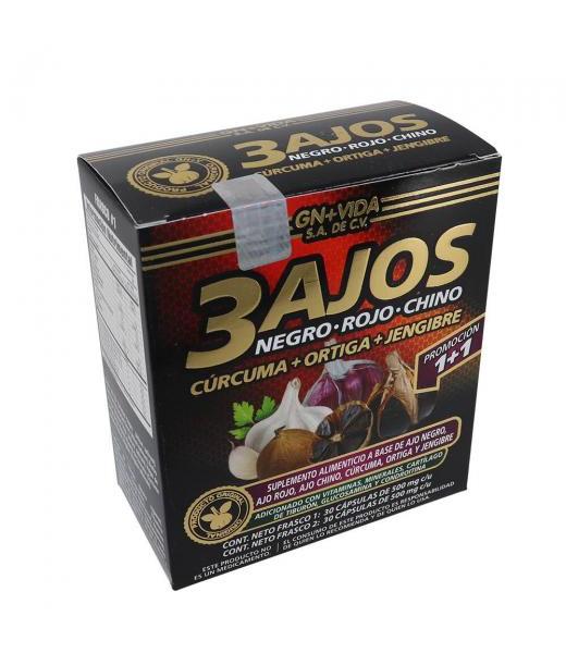 CAPS. 3 AJOS DUO C 30 AJO NEGRO ROJO Y CHINO + FCO. CURCUMA ORTIG GN+VIDA