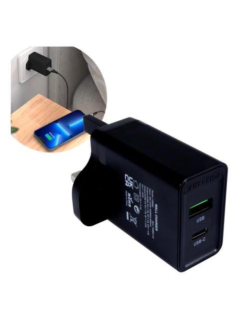 CARGADOR 2 PUERTOS USB Y TIPO C VENTION CARGA RAPIDA PD 20W NEGRO