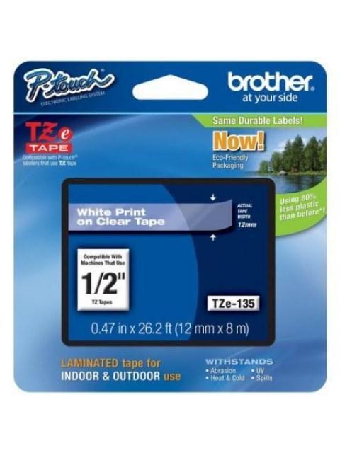 CINTA BROTHER TZES135 - TEXTO BLANCO SOBRE FONDO TRANSPARENTE - 12MM X 8MTS. - Imagen 2