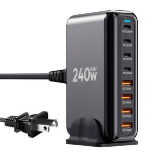 ESTACION DE CARGA RAPIDA USB Y USB C 8 PUERTOS CARGADOR MULTIPUERTO NEGRO 240W GAN 3 SLIM COMPANY