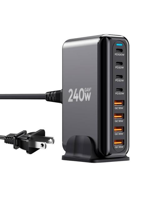 ESTACION DE CARGA RAPIDA USB Y USB C 8 PUERTOS CARGADOR MULTIPUERTO NEGRO 240W GAN 3 SLIM COMPANY