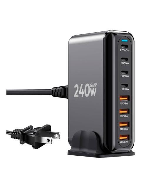 ESTACION DE CARGA RAPIDA USB Y USB C 8 PUERTOS MULTIPUERTO NEGRO 240W GAN III