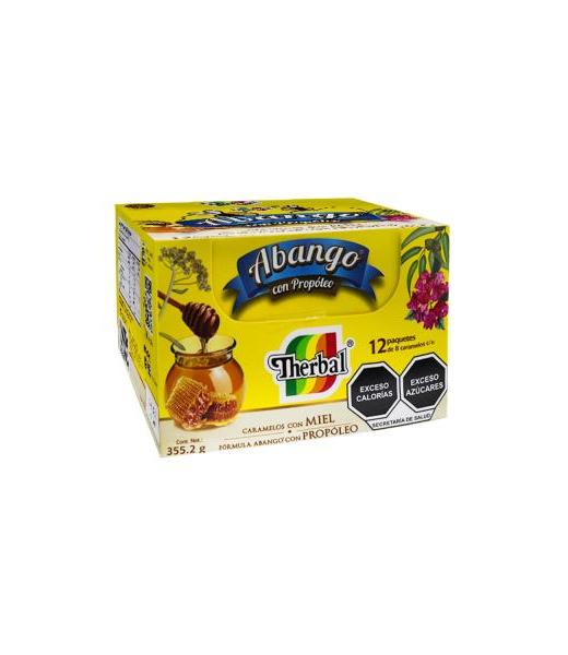 EXHIBIDOR CARAMELO CON MIEL ABANGO Y PROPOLEO C 12 PAQUETES THERBAL