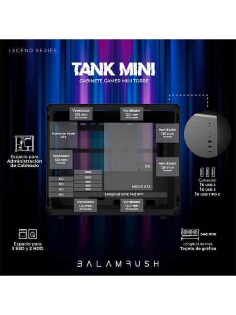 GABINETE BALAM RUSH TANK MINI GI930 MINI-TOWER MICRO-ATX-MINI-ITX USB 2.0-3.0 SIN FUENTE 3 VENTILADORES INSTALADOS NEGRO - Imagen 2