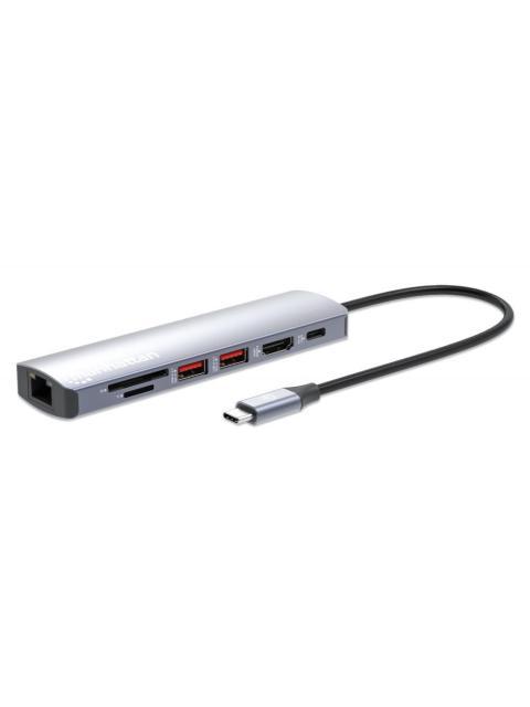 MANHATTAN HUB USB-C MACHO - 2X USB-A 1X USB-C 1X HDMI 1X RJ-45 1X SD 1X MICRO SD GRIS