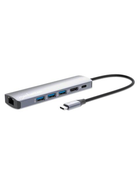 MANHATTAN HUB USB-C MACHO - 3X USB 3.0 1X USB-C 1X HDMI 1X RJ-45 GRIS