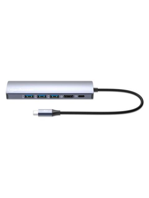 MANHATTAN HUB USB-C MACHO - 3X USB 3.0 1X USB-C 1X HDMI 1X RJ-45 GRIS - Imagen 4