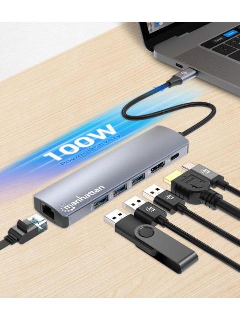 MANHATTAN HUB USB-C MACHO - 3X USB 3.0 1X USB-C 1X HDMI 1X RJ-45 GRIS - Imagen 7