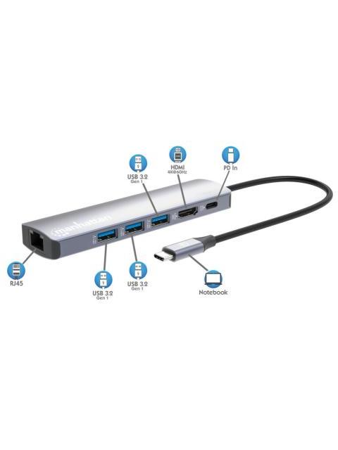 MANHATTAN HUB USB-C MACHO - 3X USB 3.0 1X USB-C 1X HDMI 1X RJ-45 GRIS - Imagen 8