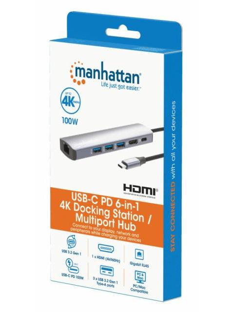 MANHATTAN HUB USB-C MACHO - 3X USB 3.0 1X USB-C 1X HDMI 1X RJ-45 GRIS - Imagen 9